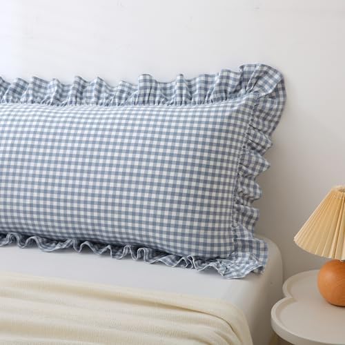 Dusty Blue Gingham Body Pillow Cover 20x54, Ruffled Cotton Sham - Image 7