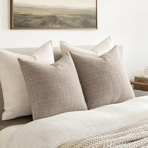 MIULEE Linen Plaid Pillow Covers Decorative Euro 24x24 Natural Linen - Image 5