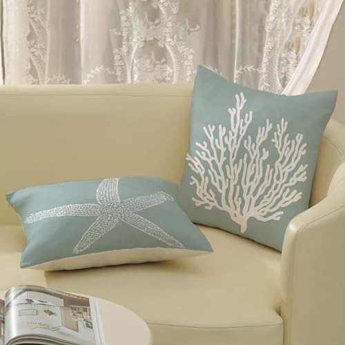 Coastal Pillow Covers 20x20 Inch Set of 2 Blue Coral Starfish Throw Pillows - Image 4