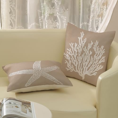 Coastal Pillow Covers 16x16 Inch Set of 2 Brown Tan Coral Starfish Throw - Image 4
