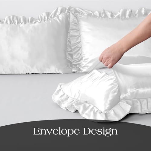 2 Pack Ruffle Satin Pillowcases Body Size 20x54 inch White - Image 6