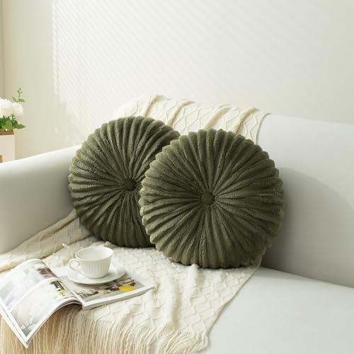 HIG Set of 2 Olive Flannel Decorative Round Pleated Throw Pillows - Image 2