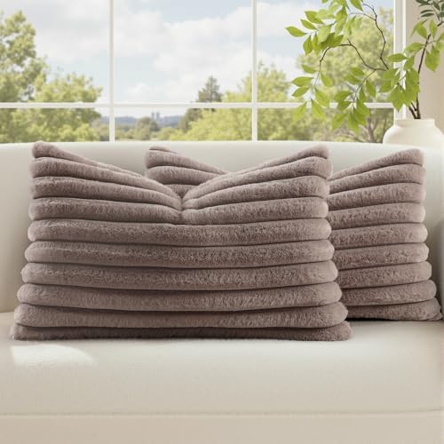 decorUhome Fall Faux Fur Throw Pillow Covers 12x20 Set of 2 Light Coffee by decorUhome