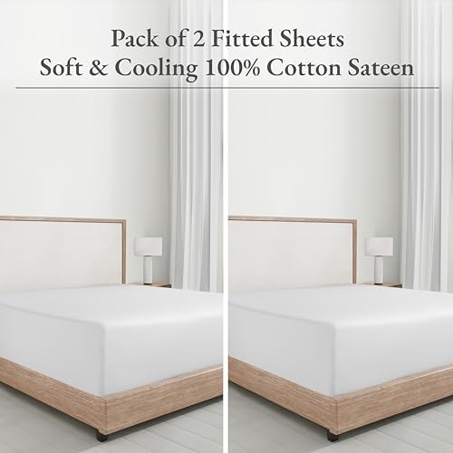 Pack of 2 Soft Natural 100% Cotton Sateen King Fitted Sheet, Bright White - Image 4