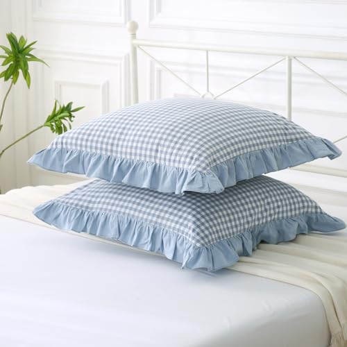 Mywinlle Dusty Blue Plaid Ruffle Gingham Throw Pillow Covers 20"x20" - Image 5