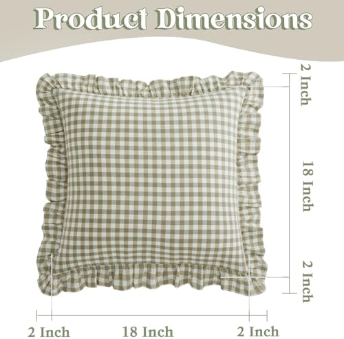 KKJIAF 2 Pcs Ruffle Gingham Pillow Covers 18" x 18", Sage Green Plaid - Image 2