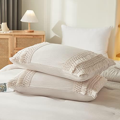 Beige Gray Tassel Pillowcases, Cream Boho Pillow Cases Set of 2, 100% Washed - Image 4