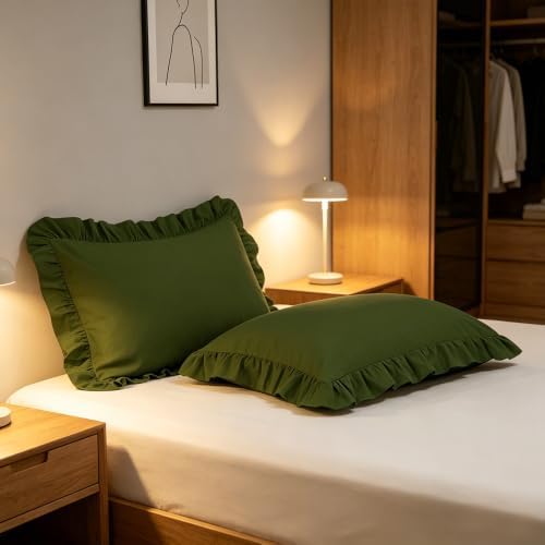 Ruffle Pillow Case Standard Size Set of 2, Dark Olive Green - Image 4