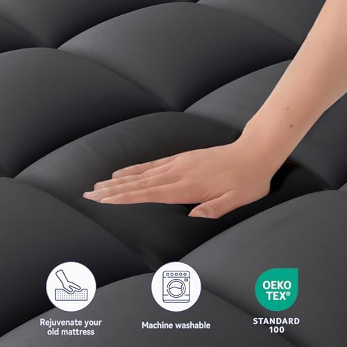 ELEMUSE Full Black Mattress Topper, Thick Pillow Top Mattress Pad Cover - Image 3