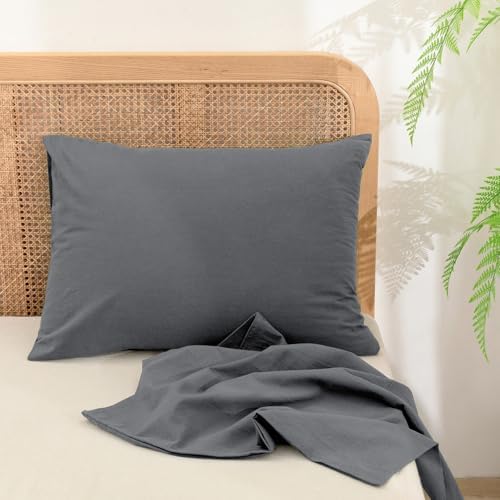 BESTOUCH Washed Cotton Pillowcases Linen Feel Quiet Shade Grey Queen - Image 2