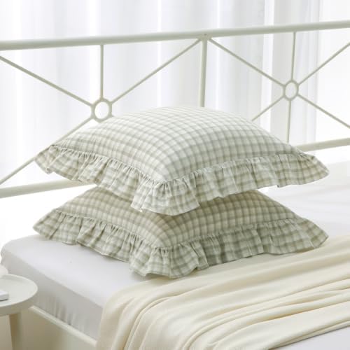 Mywinlle Muted Sage Green Gingham Ruffle Euro Shams - Image 3