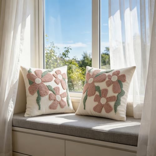 Summer Floral Throw Pillow Covers 18x18 Inch Set of 2, Chenille Embroidered - Image 6