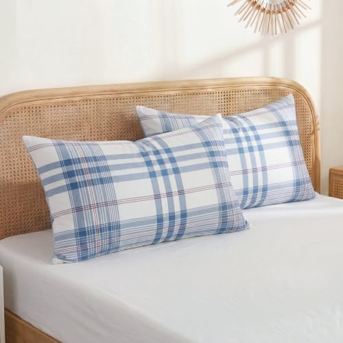 Merryword 100% Cotton Pillow Cases, King Size, Washed Cotton Dusty Blue Plaid - Image 3