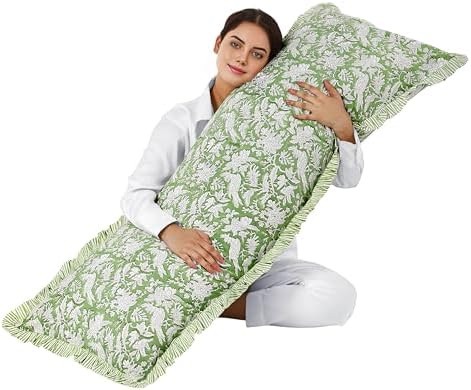 CPC Block Print Olive Green Ruffle Cotton Lumbar Pillow Cover 20x54 inch by COTTONPRINTCLUB