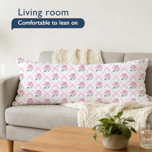 Coquette Pink Ribbon Bow Hydrangea Floral 20x54 Body Pillow Cover, Preppy - Image 2