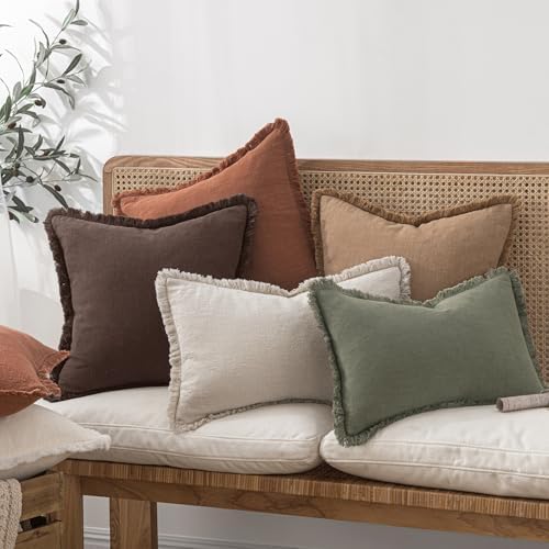 MIULEE Linen Fringe Decorative Fall Throw Pillow Covers Dark Brown 18x18 - Image 2