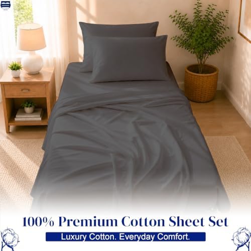 Cottingon 4 PC Cot Sheet Set 33"X75", Egyptian Cotton, Dark Grey - Image 2