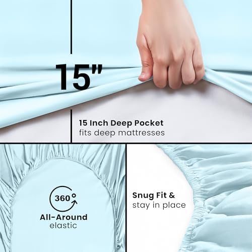 Queen Fitted Sheet, Ultra Soft Fits Up to 15 Inch Deep Pocket, Ice Blue - Image 3