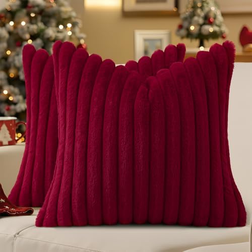 decorUhome Fall Faux Fur Throw Pillow Covers 24x24 Set of 2 Burgundy by decorUhome