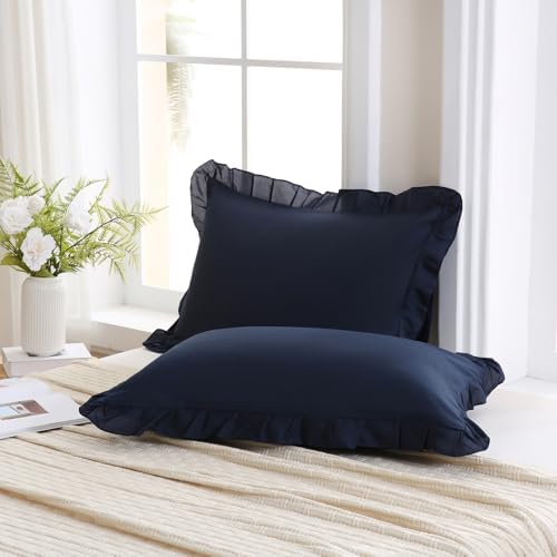 Merryword Navy Pillowcases King Size Ruffled Pillow Shams Set of 2 Cute - Image 3