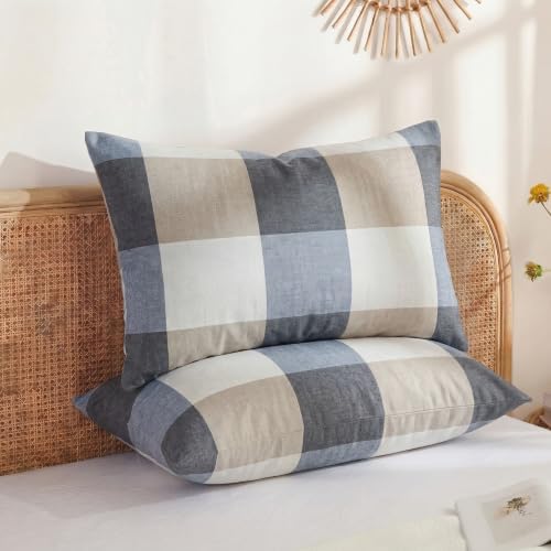 Merryword 100% Cotton Pillow Cases, Standard Size, Washed Cotton Gray Check - Image 2