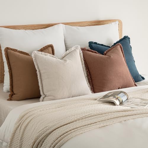 MIULEE Fall Linen Fringe Pillow Covers Set of 4 24x24 Beige/Brown/Blue - Image 2