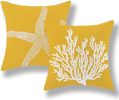 Coastal Pillow Covers 18x18 Inch Set of 2 Yellow Coral Starfish Throw Pillows by GOLIANDA
