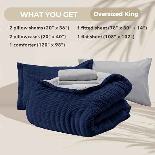 HYMOKEGE Navy Blue/Light Grey Oversized King Comforter Set Seersucker 7 Pieces - Image 5