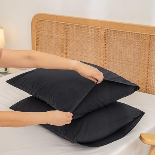 BESTOUCH Washed Cotton Pillowcases Linen Feel Dark Black Queen - Image 4