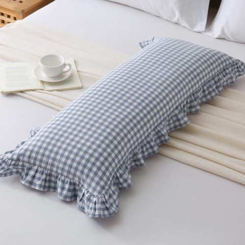 Gingham Lumbar Pillow Cover 36x14, Dusty Blue, Ruffle Trim, 1 Pack - Image 7