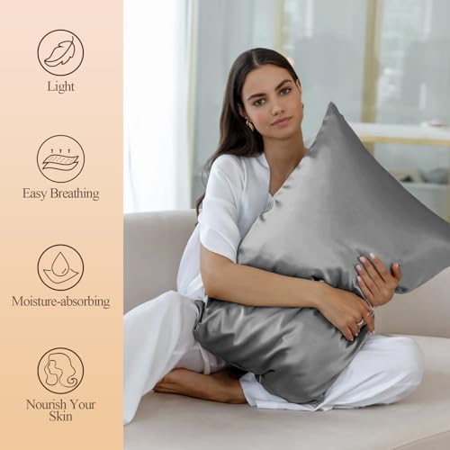 Silk Like Satin Pillowcase Cal King Size, Dark Grey, 2 Pack, 20x40 Inches - Image 2