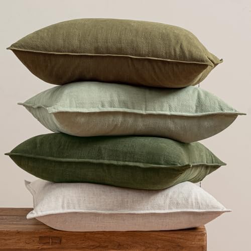 MIULEE Green and White Boho Linen Pillow Covers 18x18 Inch Pack of 4 - Image 3