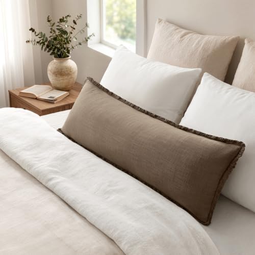 MIULEE 14x36 Long Linen Fringe Lumbar Pillow Covers Set of 1 Cocoa Brown - Image 6