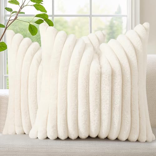 decorUhome Fall Faux Fur Throw Pillow Covers 20x20 Set of 2 Cream White by decorUhome
