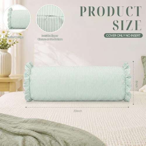 Ruffle Bolster Pillow Cover 8" x 20" Green Stripes Print - Image 2