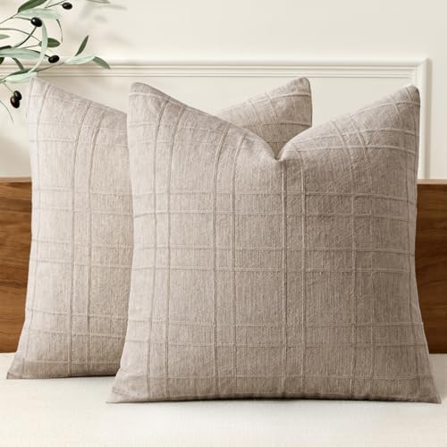 MIULEE Linen Plaid Pillow Covers Decorative Euro 24x24 Natural Linen by MIULEE