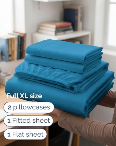 Full XL Sheets - 4 Piece Full XL Sheet Set - Cool & Breathable - Denim Blue - Image 3