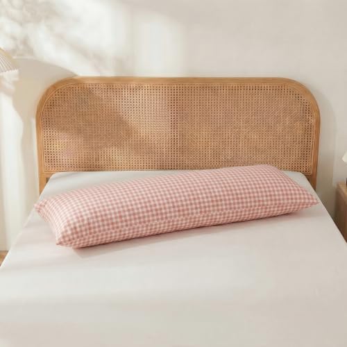Merryword 100% Cotton Body Pillow Cover, 20 x 54, Rose Beige Gingham Pillowcase - Image 3