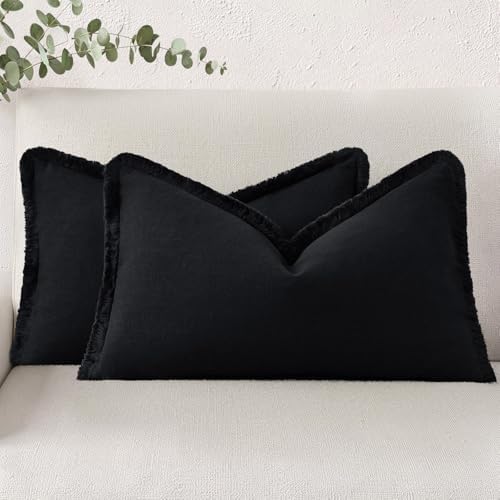 decorUhome Linen Fringe Black Throw Pillow Covers 12x20 Set of 2 by decorUhome