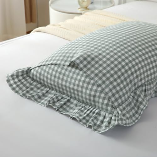 Mywinlle 2 Pack Dusty Green Gingham Plaid Ruffle Euro Shams 26"x26" - Image 5