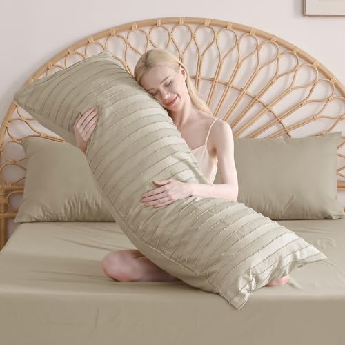 JELLYMONI Khaki Striped Tufted Pillowcases Body Size 20" x54" - Image 2