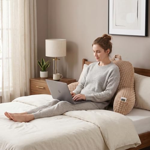 Reading Pillow with Arms for Bed Sitting, Khaki Flannel - Image 2