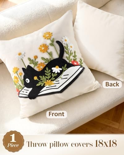 Animal Embroidered Throw Pillow Cover 18x18 Inch, Cat Floral - Image 4