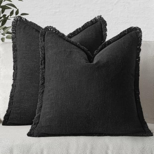 MIULEE Boho Linen Fringe Decorative Throw Pillow Covers Black 20x20 by MIULEE