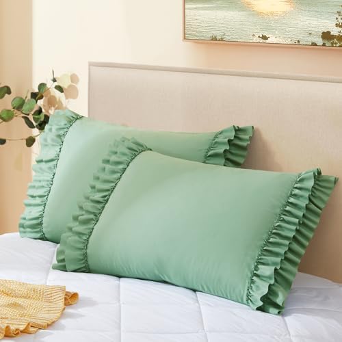 Vonty Green Ruffled Pillow Cases Set of 2, Standard Size, 20x26 Inch by CreateCozyLife
