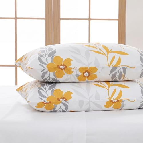 Bedorm 100% Cotton Pillowcases King Size Set of 2 Yellow Floral Pillow Covers - Image 4