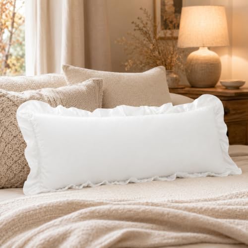 JoraLion Ruffled Lumbar Pillow Cover 14x36 Solid White - Image 2