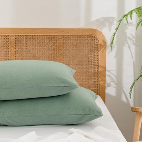BESTOUCH Washed Cotton Pillowcases Linen Feel Green Standard by BESTOUCH