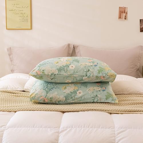 ECOCOTT Sage Green Floral Pillowcases Queen Size Set of 2, 100% Washed Cotton - Image 7