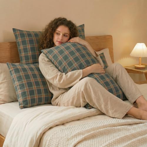 Merryword 100% Cotton Pillow Cases, King Size, Washed Cotton Deep Green Plaid - Image 6